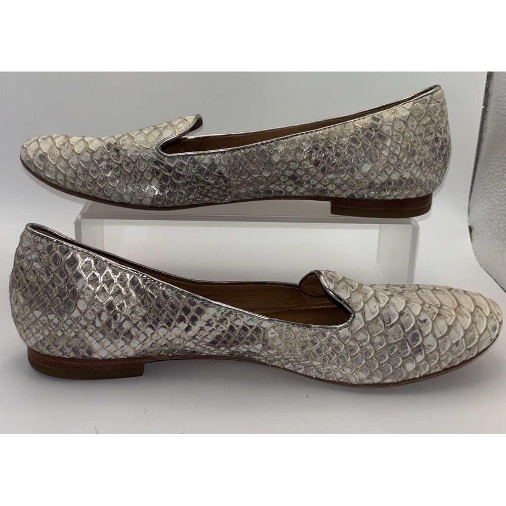 Coach Womens 8.5 B‎ Snakeskin Metallic Silver Leather Smoking Slipper Flats